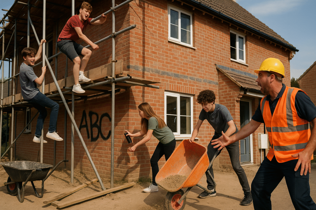 Picture of children on a secured construction site.