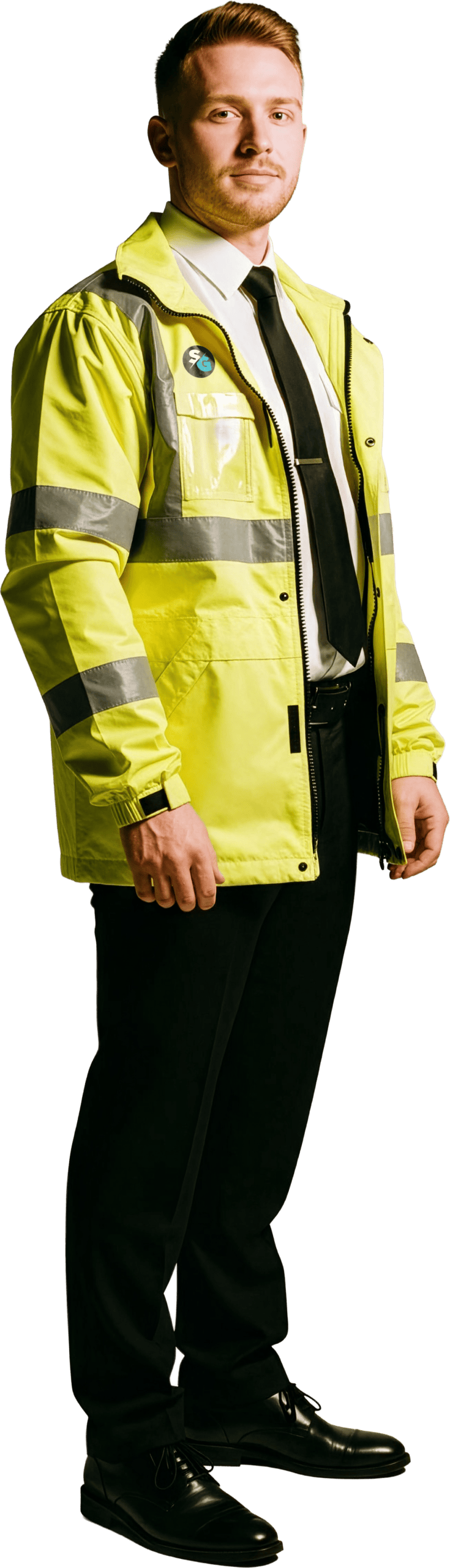 High visibility security officer in reflective jacket, white shirt, and black trousers.