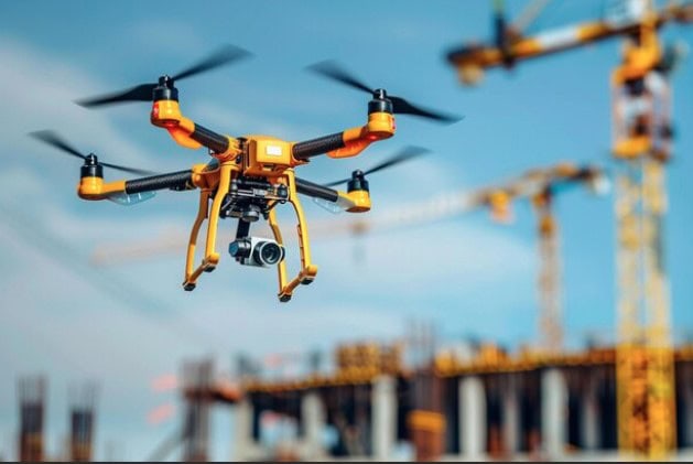 Aerial drone for construction site inspections in the UK.