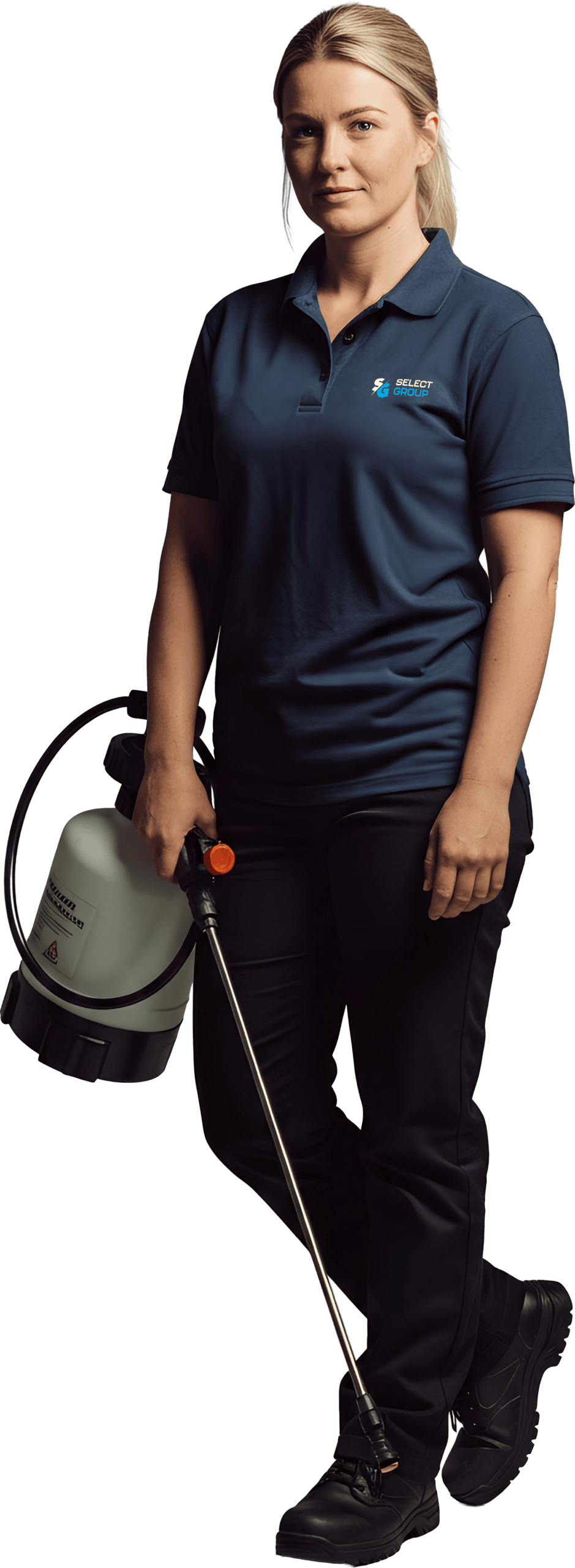 Spray painting professional in uniform holding spraying equipment for surface finishing.