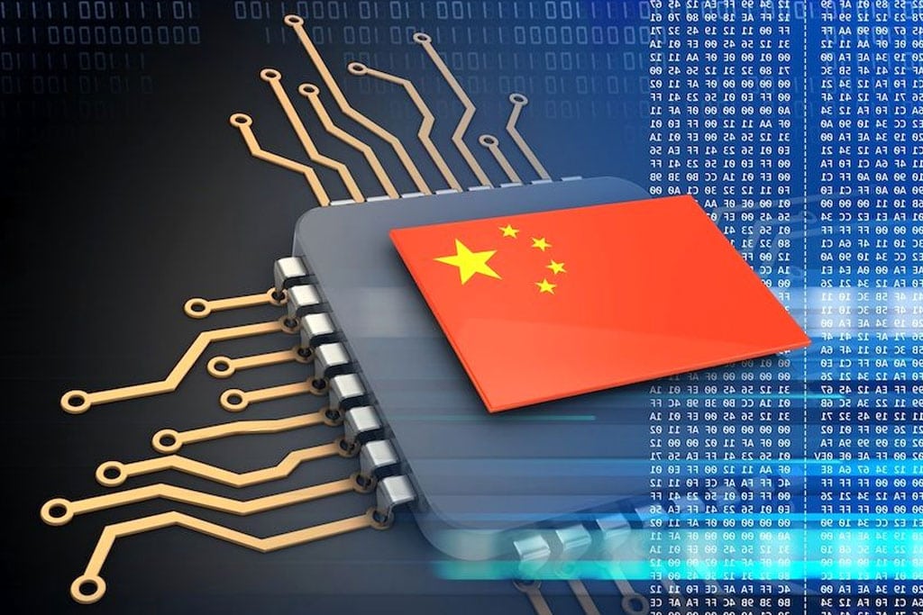High-tech chip with China's flag symbol, digital code background, representing cybersecurity and technology connected to China.
