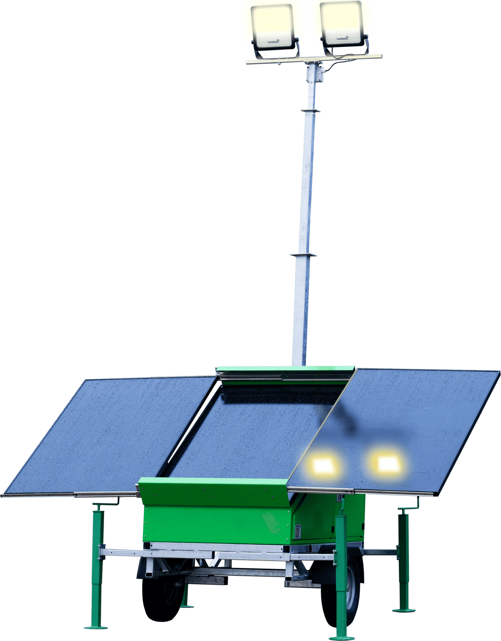 Powered lighting tower with solar panels and LED floodlights for construction and outdoor projects.
