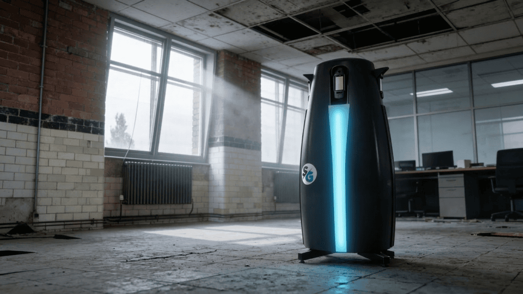 Water purification device in an industrial setting during cleaning process.